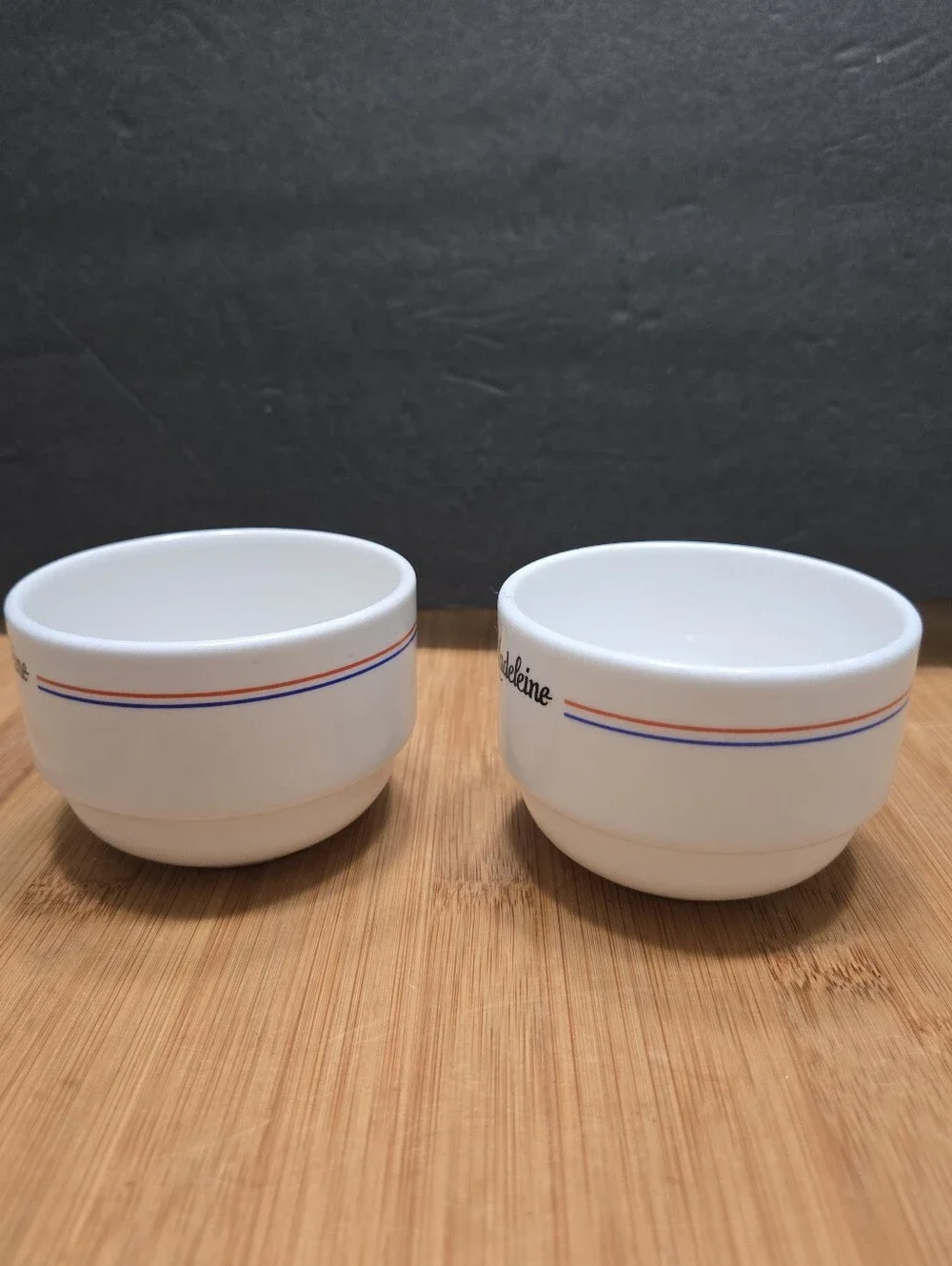 (2) La Madeleine French Cafe stacking custard cups or tea bowls Bon Appetit